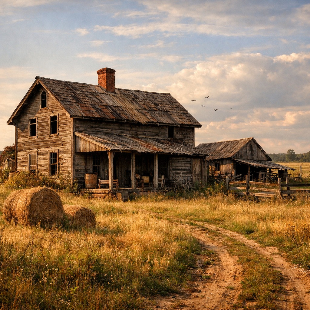 Old wooden farmhouse and barn in overgrown field with hay bales under cloudy sky