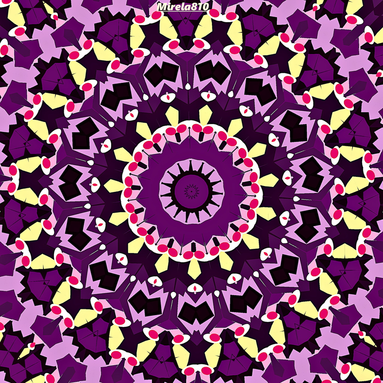 Symmetrical mandala design with purple and pink flowers, yellow accents, and geometric patterns on dark purple background