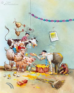 Farm animals including cow, pig, sheep, and rooster having a tea party with toys and bunting in watercolor style