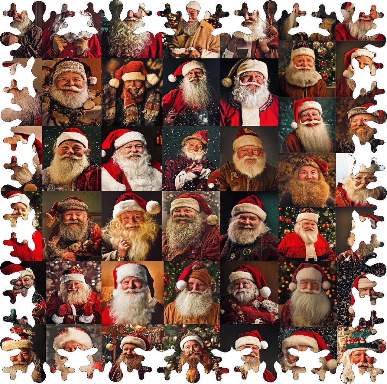 Collage of multiple Santa Claus portraits in a square grid with jigsaw piece border