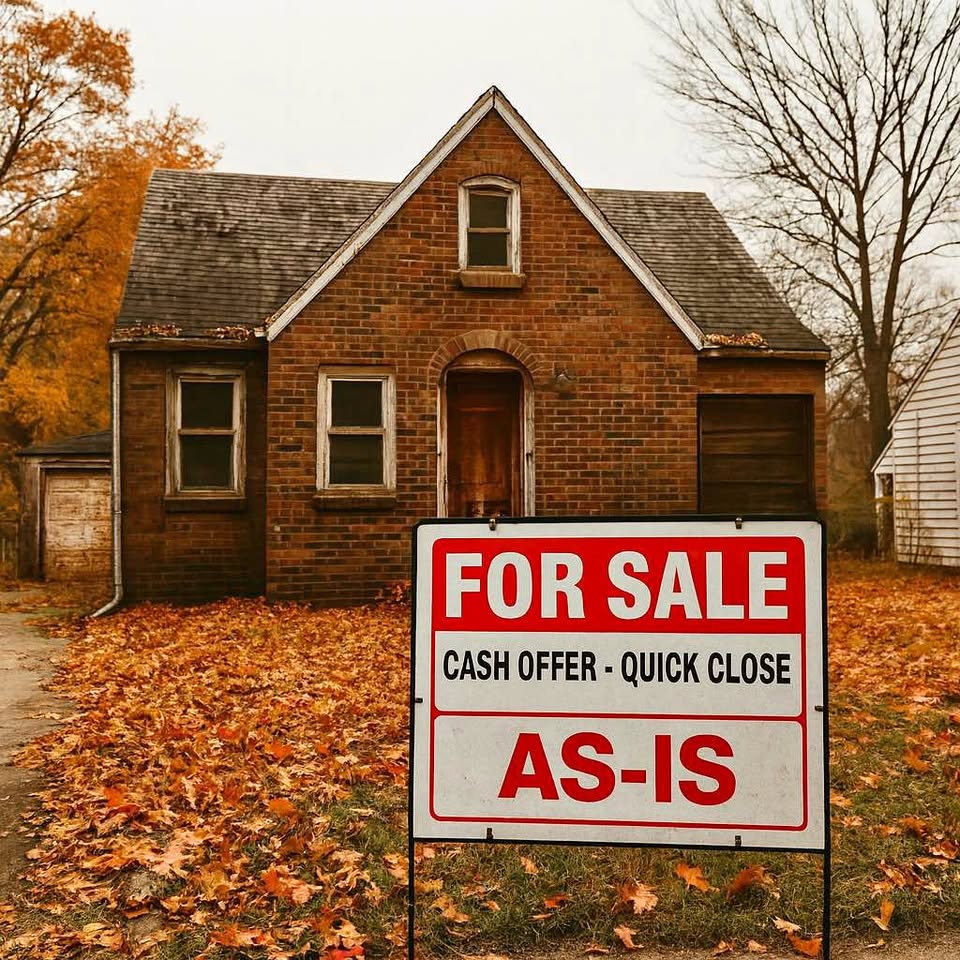 Red brick house with 'For Sale As-Is' sign in leaf-covered front yard during autumn