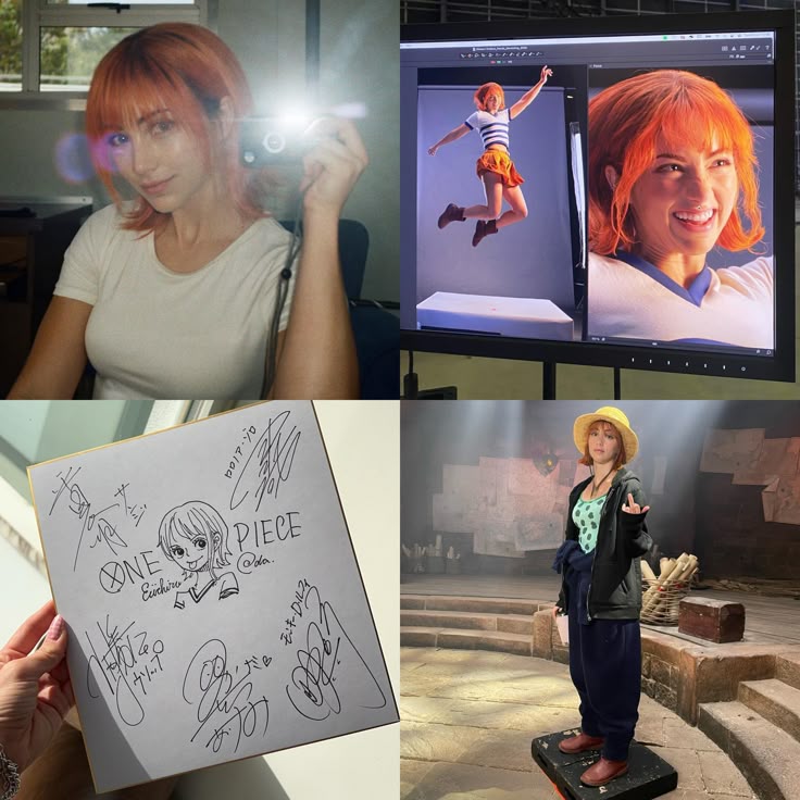 Four-photo collage of an orange-haired woman, a monitor image, signed sketch, and a stage set scene