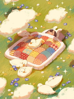 White ducks sleeping on a patchwork quilt in a green meadow with flowers and clouds