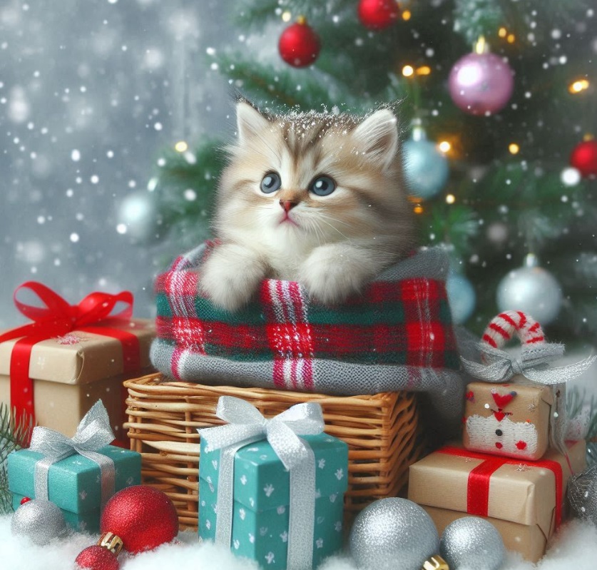Fluffy kitten in red plaid scarf inside wicker basket with Christmas presents and decorations