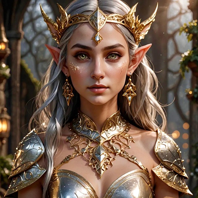 Fantasy elf woman with silver hair, pointed ears, gold crown, and ornate armor
