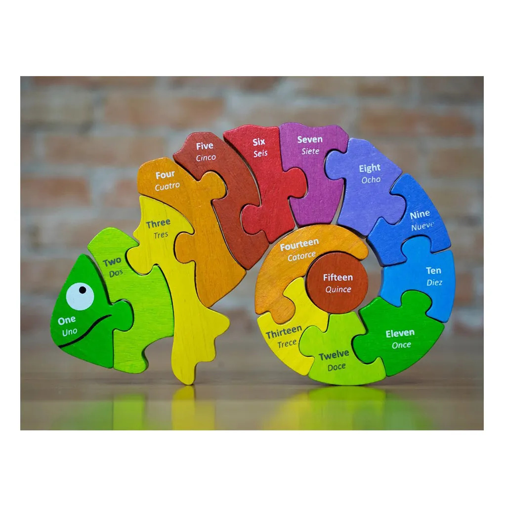 Colorful wooden counting puzzle with numbered wooden pieces on a table