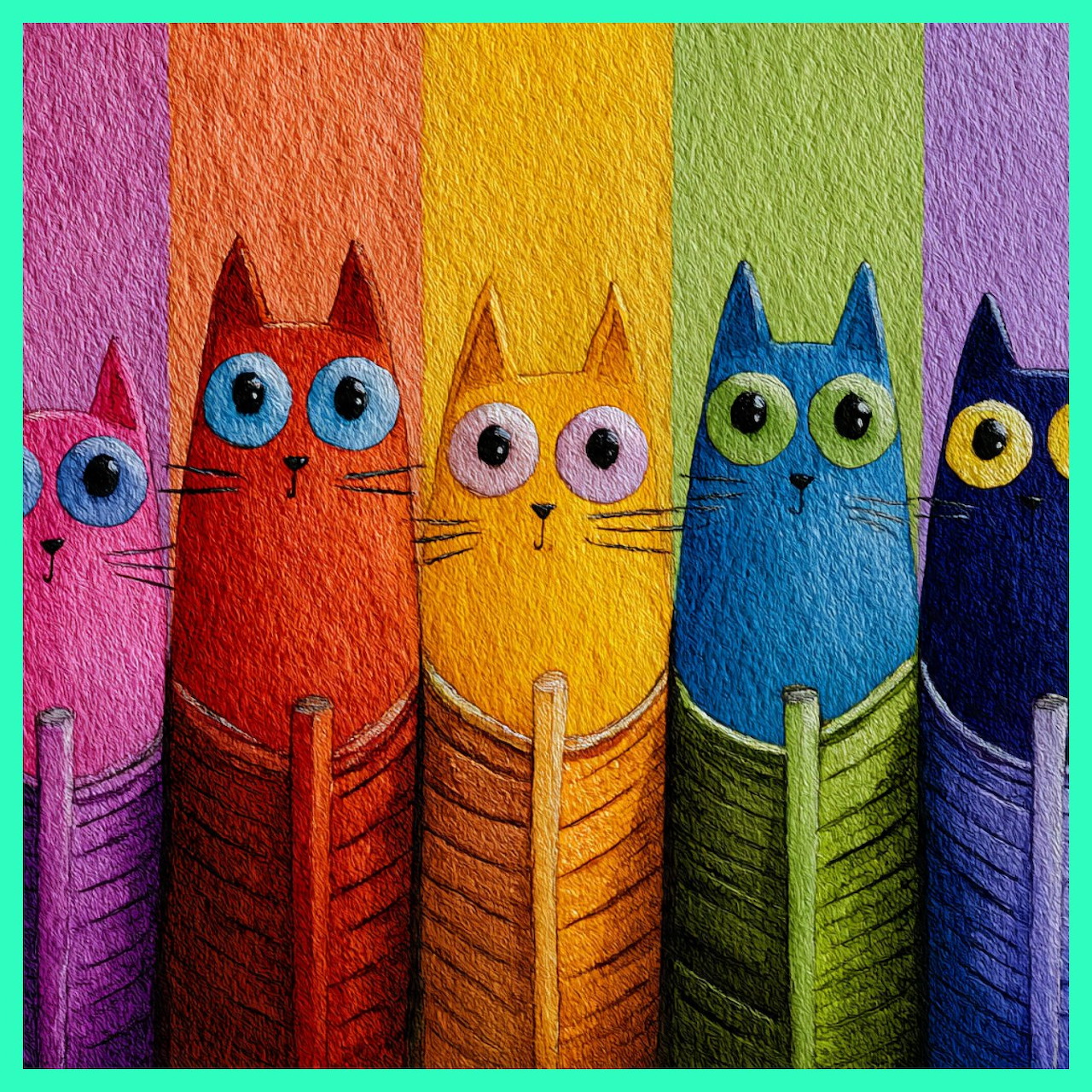 Five stylized colorful cats sitting in narrow boats on a bright striped background