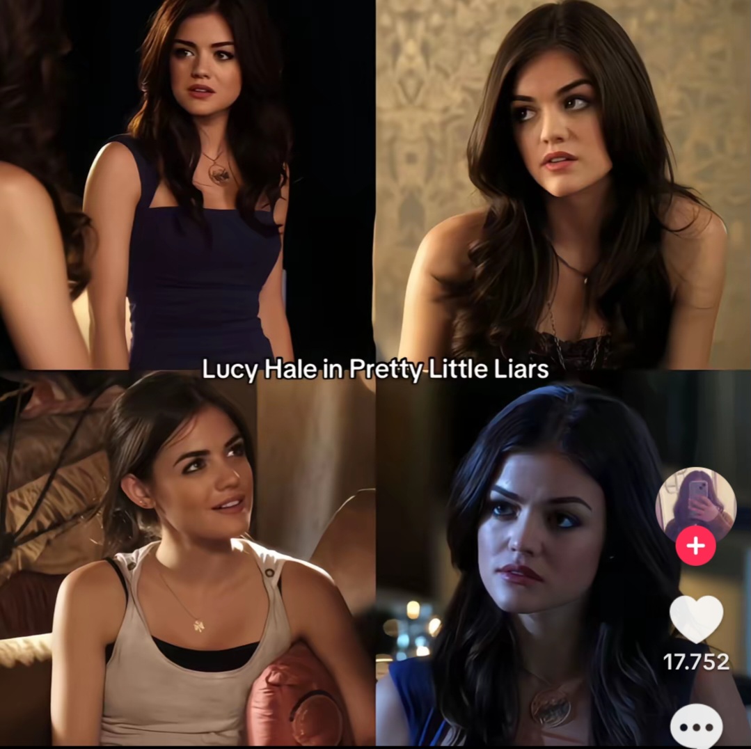 Four-panel collage of Lucy Hale in close-up scenes from Pretty Little Liars