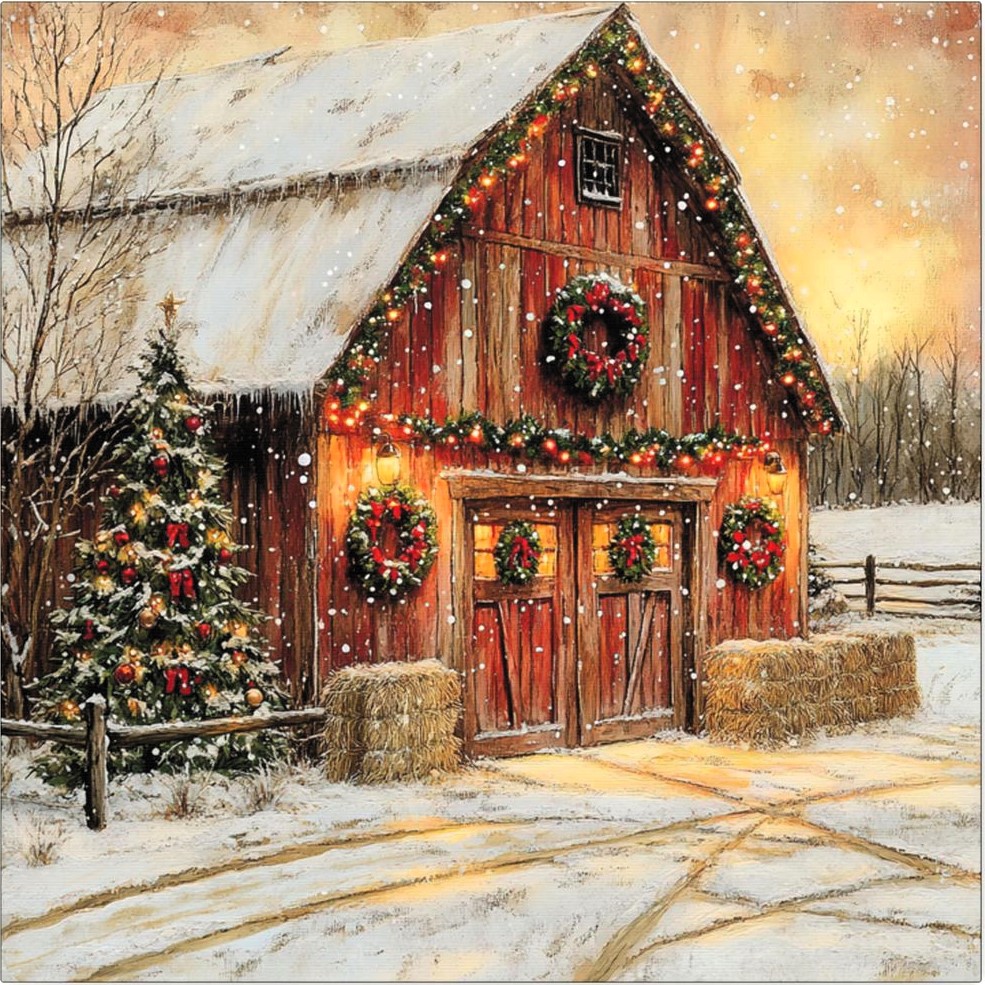 Red barn with Christmas decorations and lights covered in snow at sunset