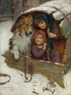 Painting of two children and a collie sheltering in a wooden cart during snowy weather
