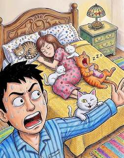 Cartoon of a shocked man looking at a sleeping woman on a bed surrounded by cats