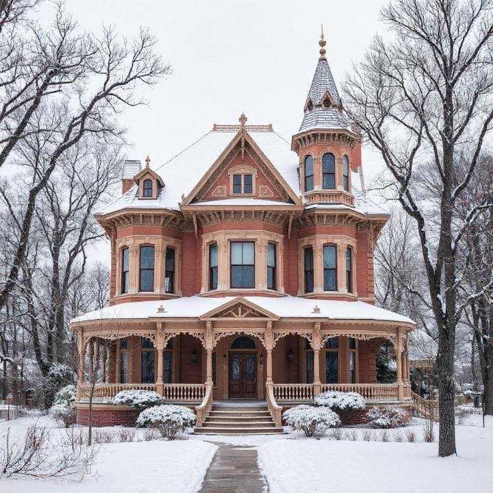 Red Victorian mansion with tower in snowy winter landscape surrounded by bare trees