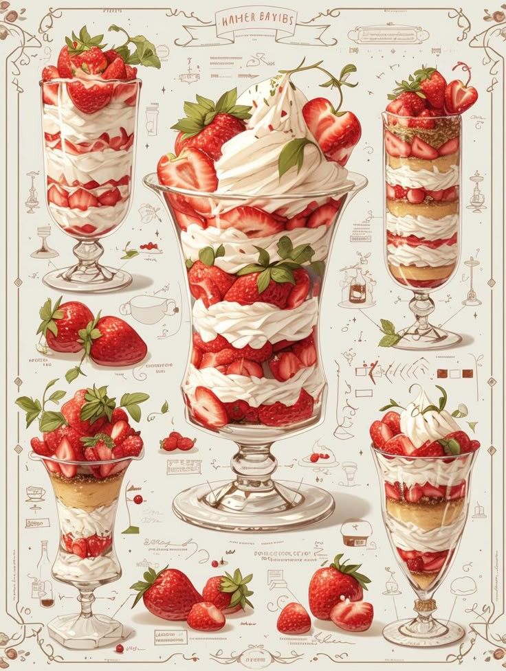 Illustration of layered strawberry parfaits in glass cups with cream and fresh strawberries