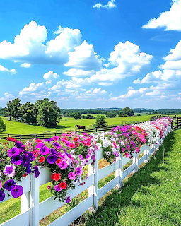 White fence adorned with purple and pink petunias on sunny farm with horses grazing in green pasture