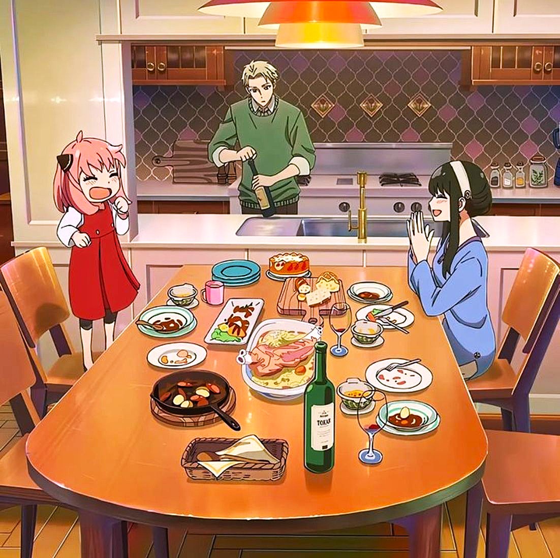 Anime family in a kitchen dining room with a table full of food, from SPY×FAMILY
