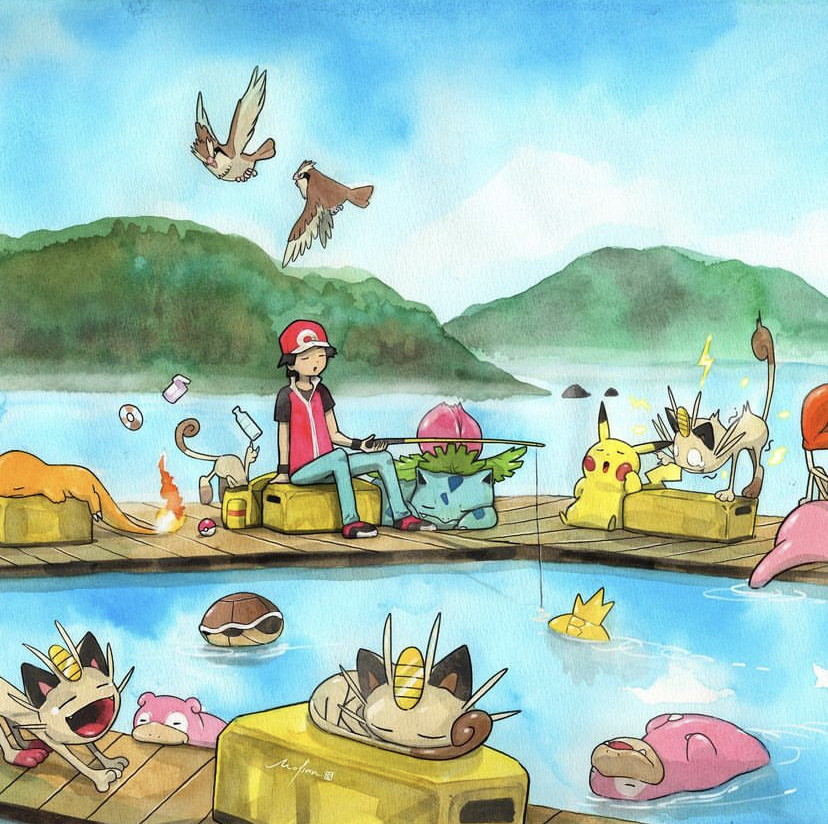 Anime-style scene showing Pokemon trainer fishing from dock with multiple Pokemon on water platforms