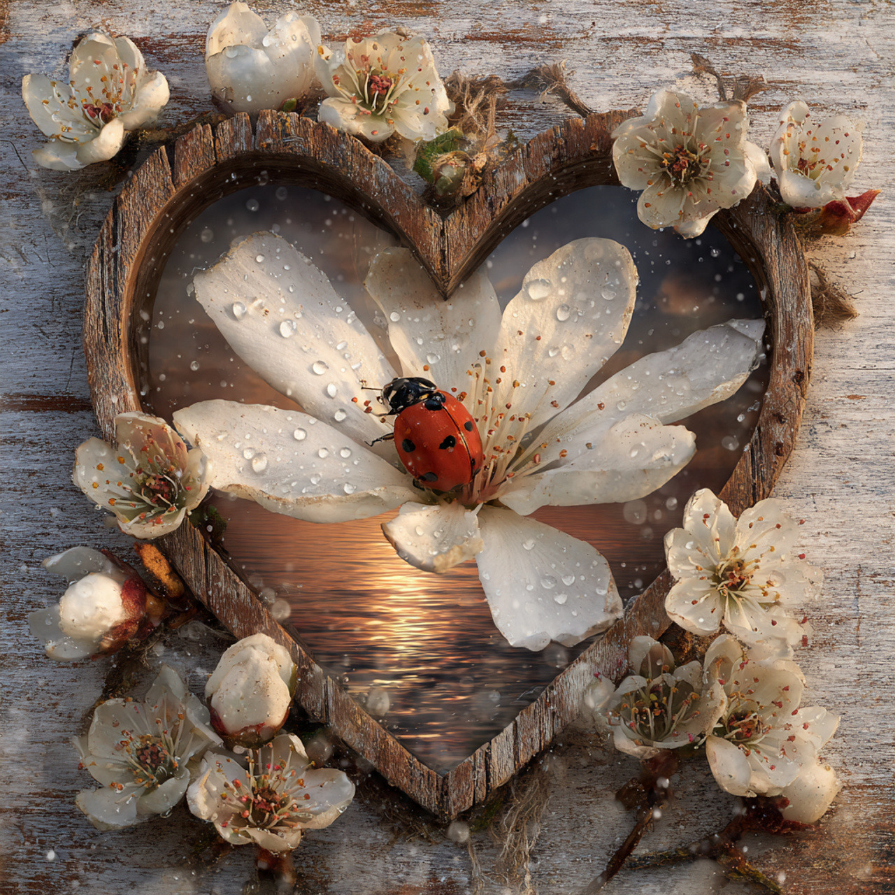 Red ladybug on white flower petals in a rustic heart-shaped floral arrangement