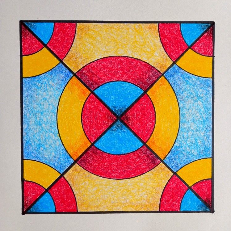 abstract geometric pattern with colorful circles and triangles in a square