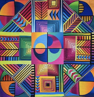 Colorful geometric abstract art with squares, circles, and patterns arranged in a grid layout