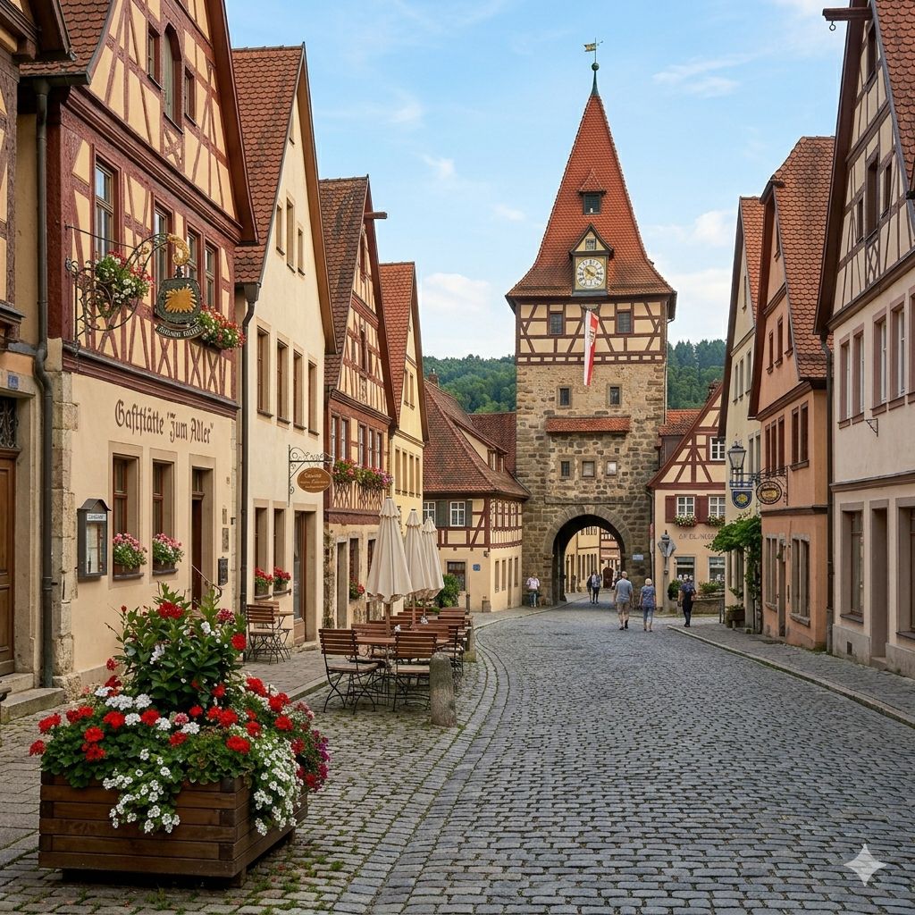 Cobblestone street with half-timbered houses leading to Marcus Tower gate in Rothenburg, Bavaria