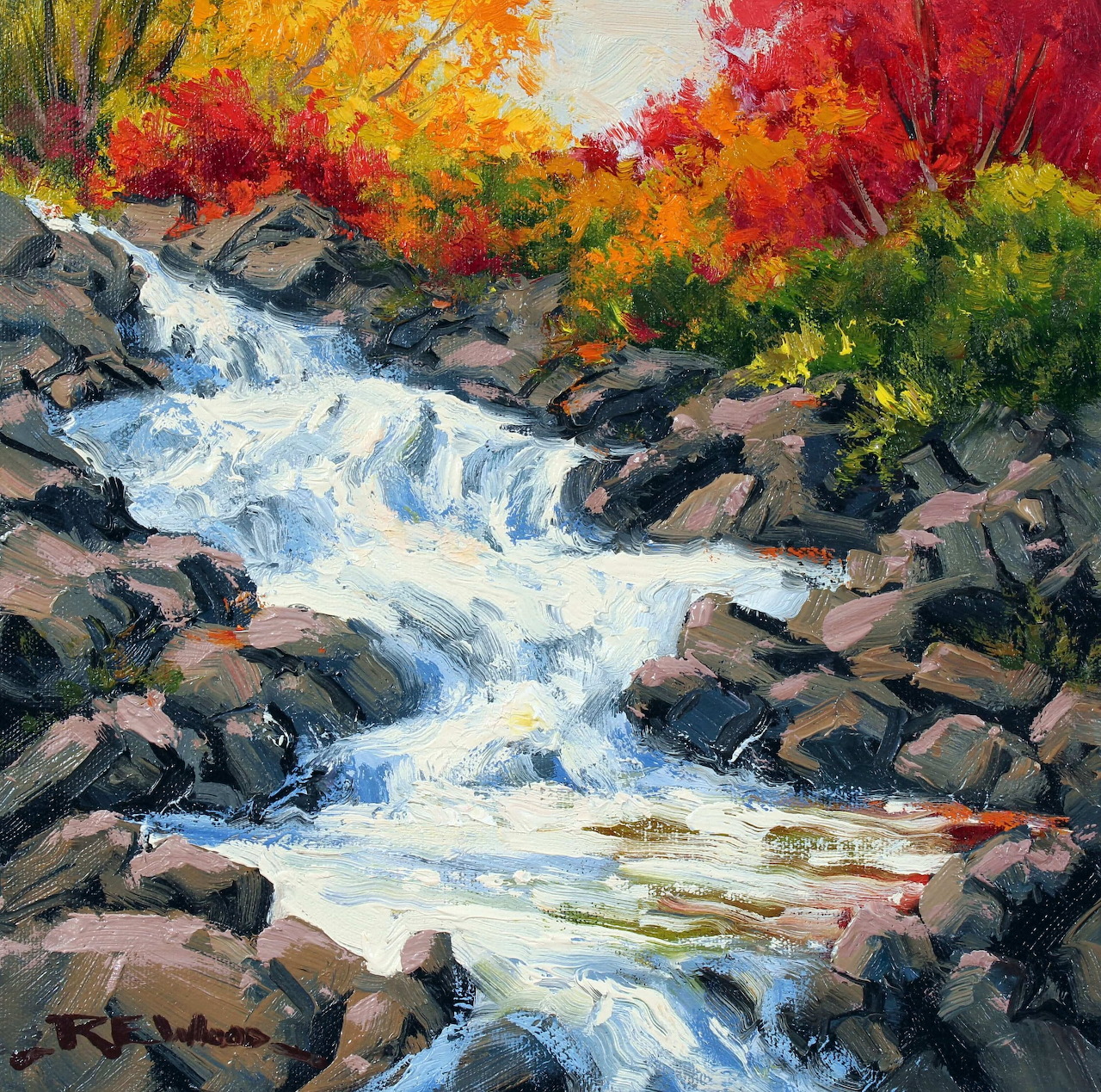 Colorful painting of a waterfall cascading over rocky terrain with autumn trees in orange, red, and yellow
