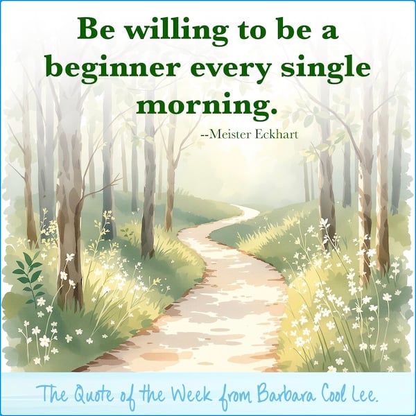 Inspirational quote above an illustrated forest path lined with trees and wildflowers