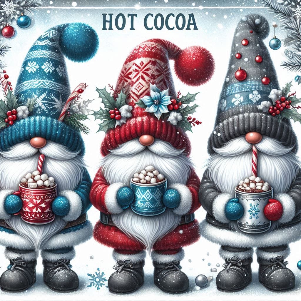 Three festive gnomes in colorful knit hats holding hot cocoa mugs with ornaments and snowflakes