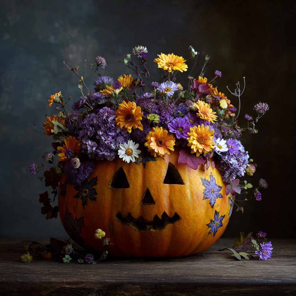 Carved pumpkin filled with vibrant orange, purple, and yellow flowers on wooden surface with dark background