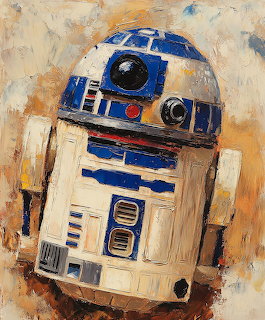 Oil painting of R2-D2 droid in impressionist style with warm beige and blue colors