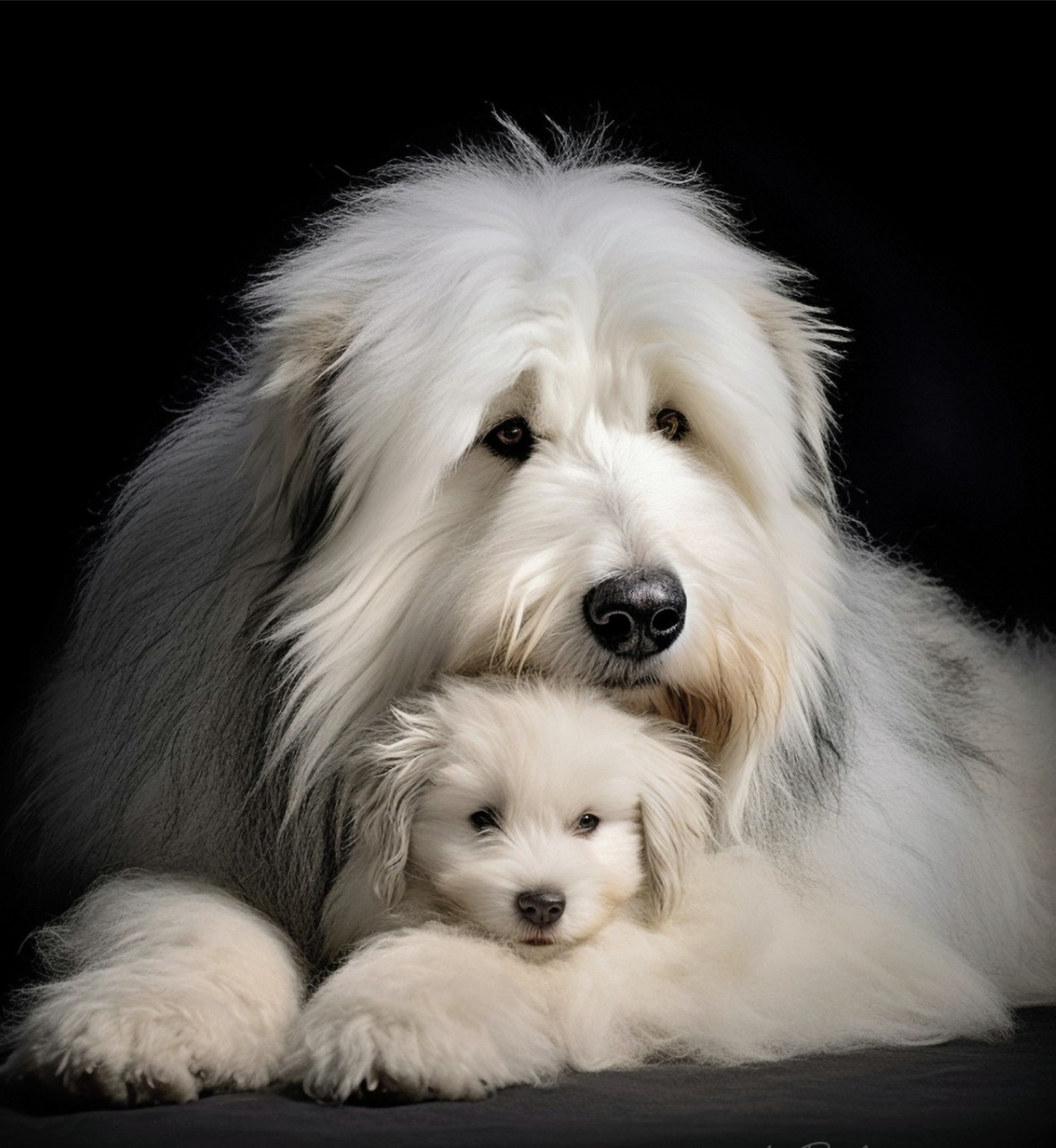 Fluffy Old English Sheepdog lying with a small white puppy on a black background