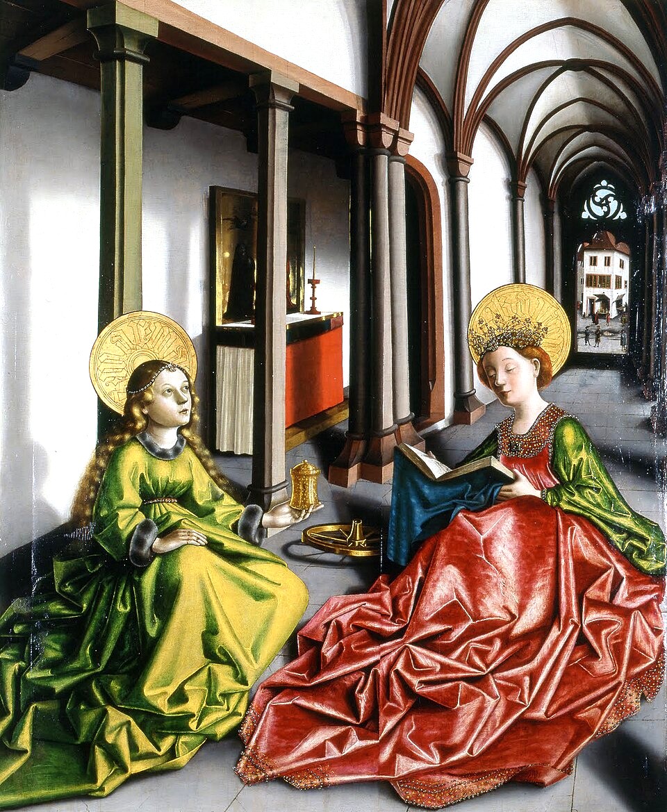 Medieval painting of Annunciation scene with Mary and angel in Gothic interior