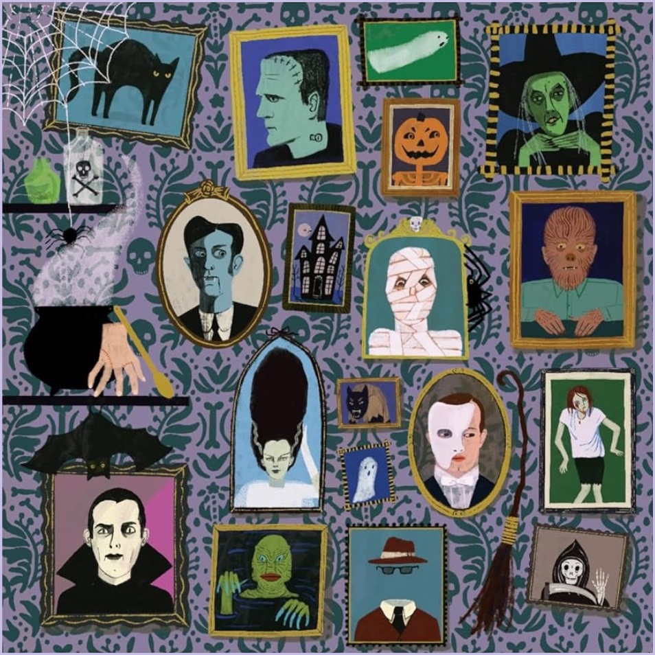 Grid of framed portraits showing Halloween characters including vampires, monsters, and gothic figures with decorative purple borders