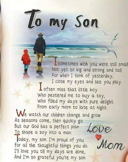 Sentimental 'To My Son' poem over a beach with parent and child silhouettes near the shore.