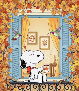 Cartoon Snoopy sitting on a windowsill with a mug, surrounded by fall leaves and hummingbirds