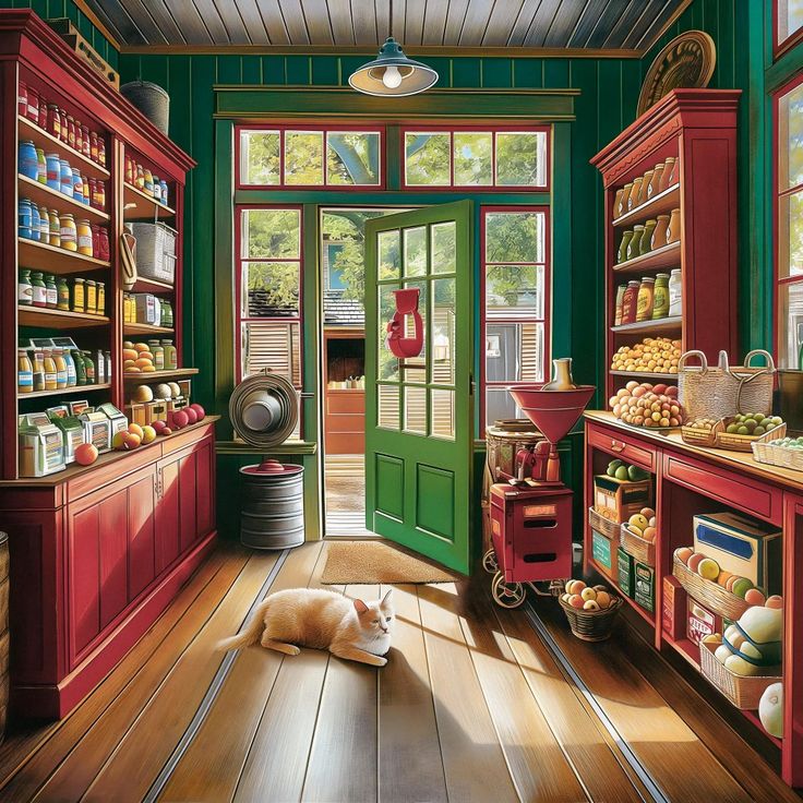 Cozy country store interior with dog resting on wooden floor, red shelves, green door leading to garden