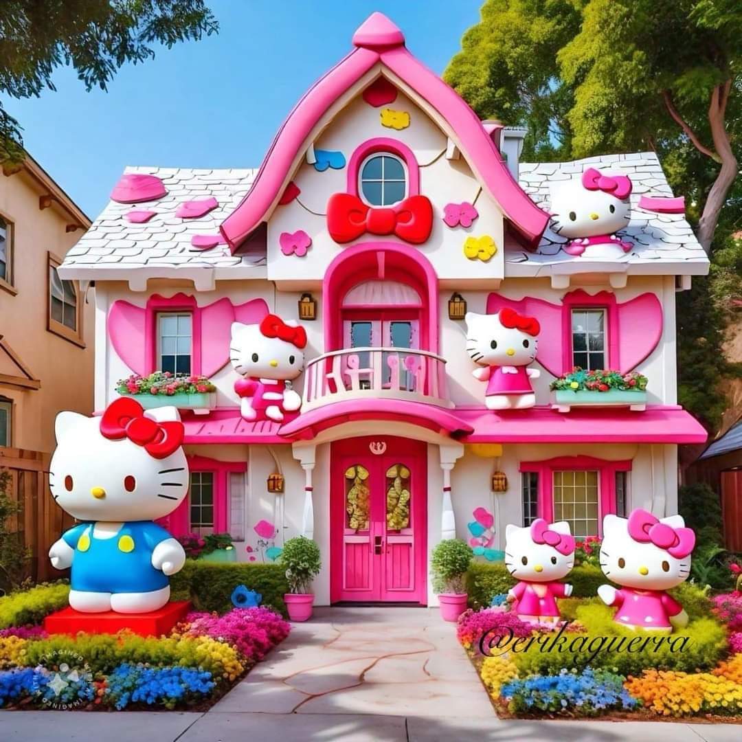 Pink Hello Kitty themed house with character statues and colorful flower garden
