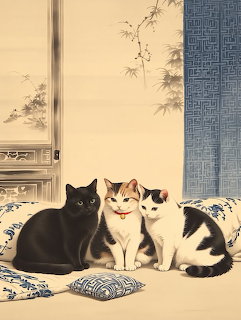 Three cats—black, white-and-orange, and black-and-white—sitting on a blue patterned cushion in an Asian-style room