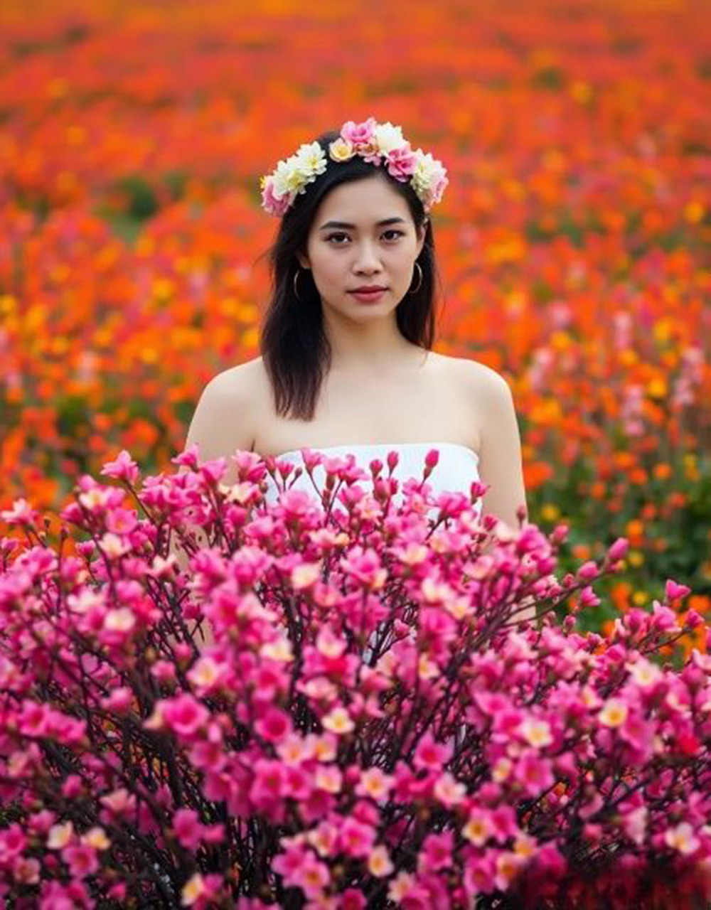 Young woman with floral crown surrounded by pink blooms in a colorful red and orange flower field