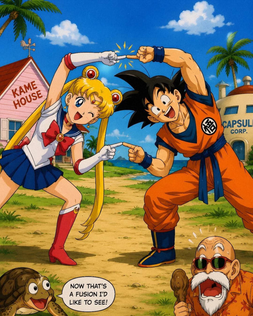 Anime characters on sunny beach with palm trees and Kame House sign