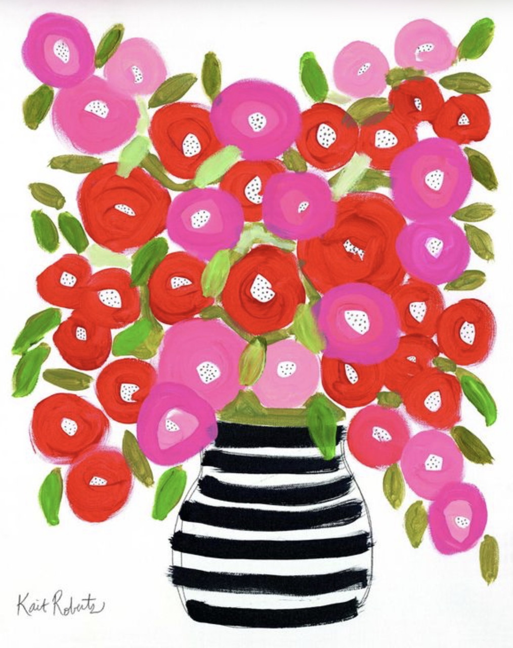 Colorful red and pink flowers in black and white striped vase painting