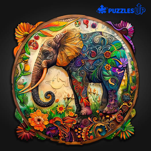 Ornate elephant with colorful floral and swirl patterns in mandala style