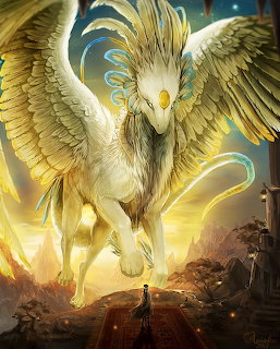 Giant white winged griffin with golden eyes loming over a small human on a stone path in a fantasy scene