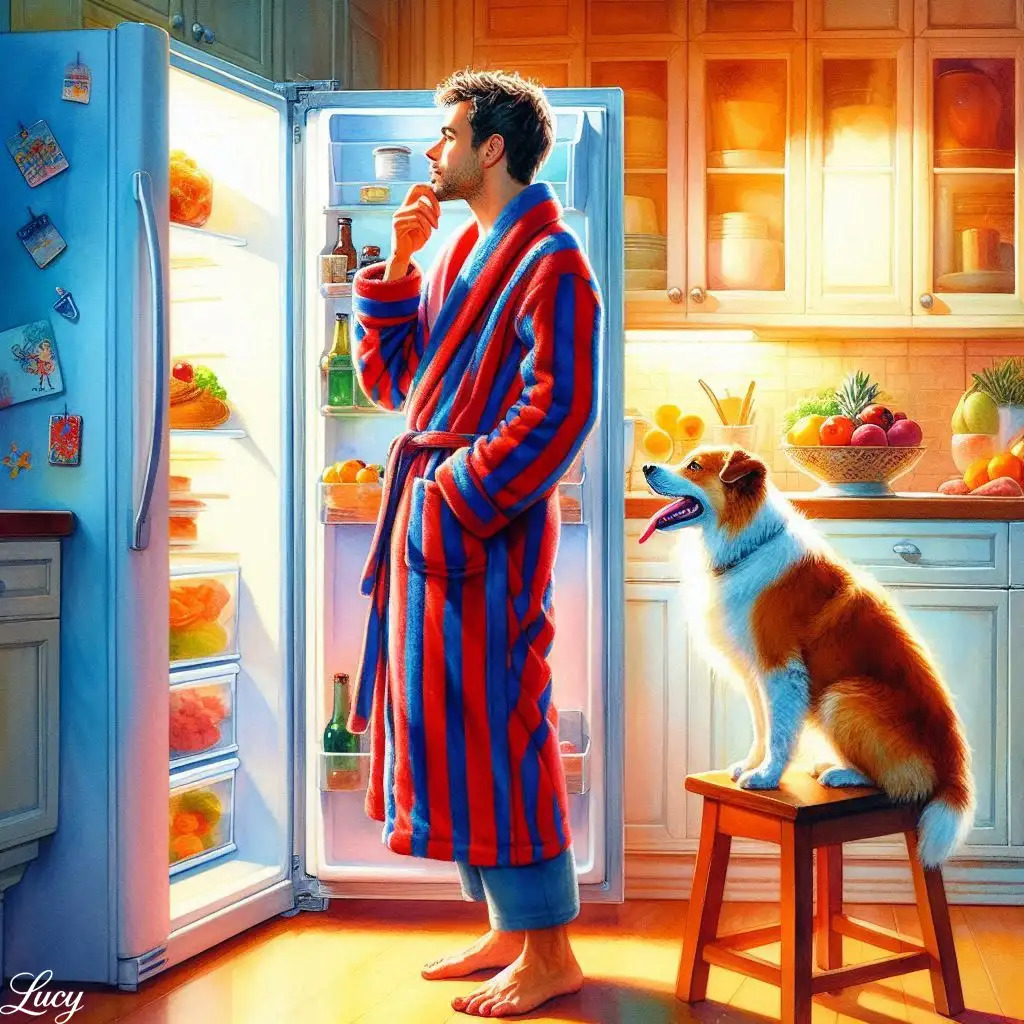 Man in striped robe looking into open fridge with collie dog on stool in cozy kitchen
