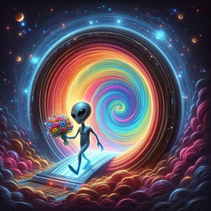 Gray alien holding flowers runs toward a swirling rainbow portal in a cosmic scene