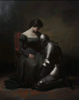 Dark painting of a kneeling armored knight beside a seated woman in a black dress