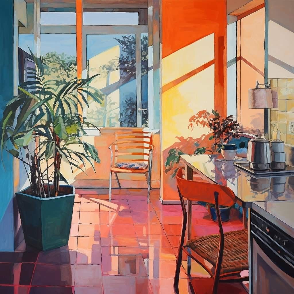 Colorful painting of a sunlit interior with potted plants, chair, table, and tiled floor