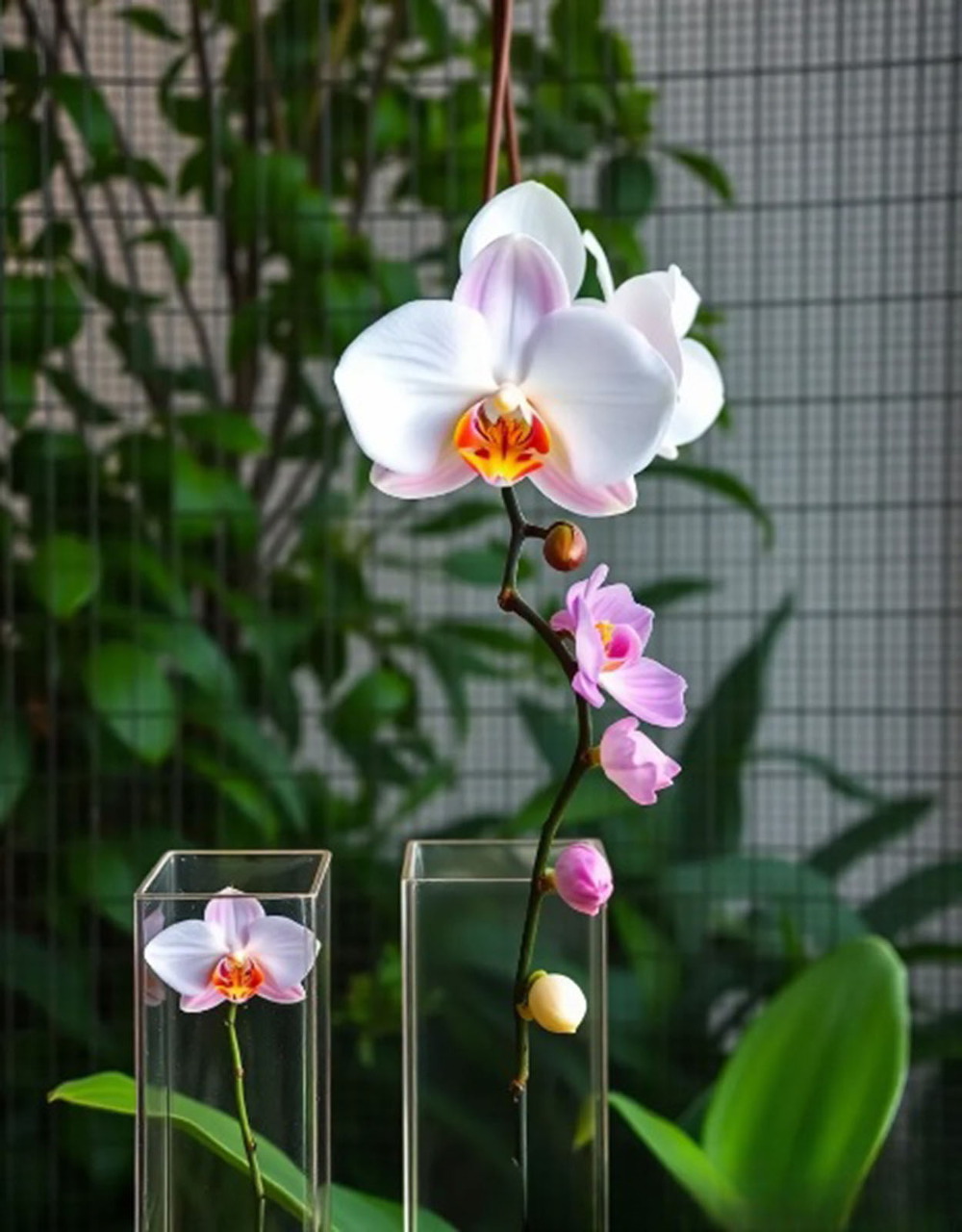 Garden scene with blooming orchids and lush green foliage