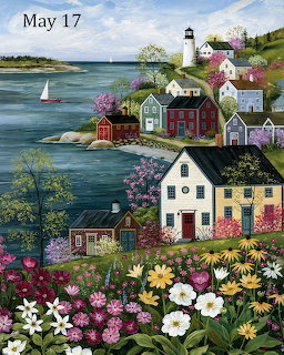 Painted coastal village with lighthouse, houses, boats, and blooming flowers under blue sky
