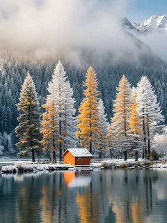 Orange cabin by mountain lake with frosted trees and snowy peaks in fog