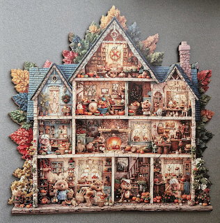 Cross-section view of miniature dollhouse with Christmas decorations and toys in every room